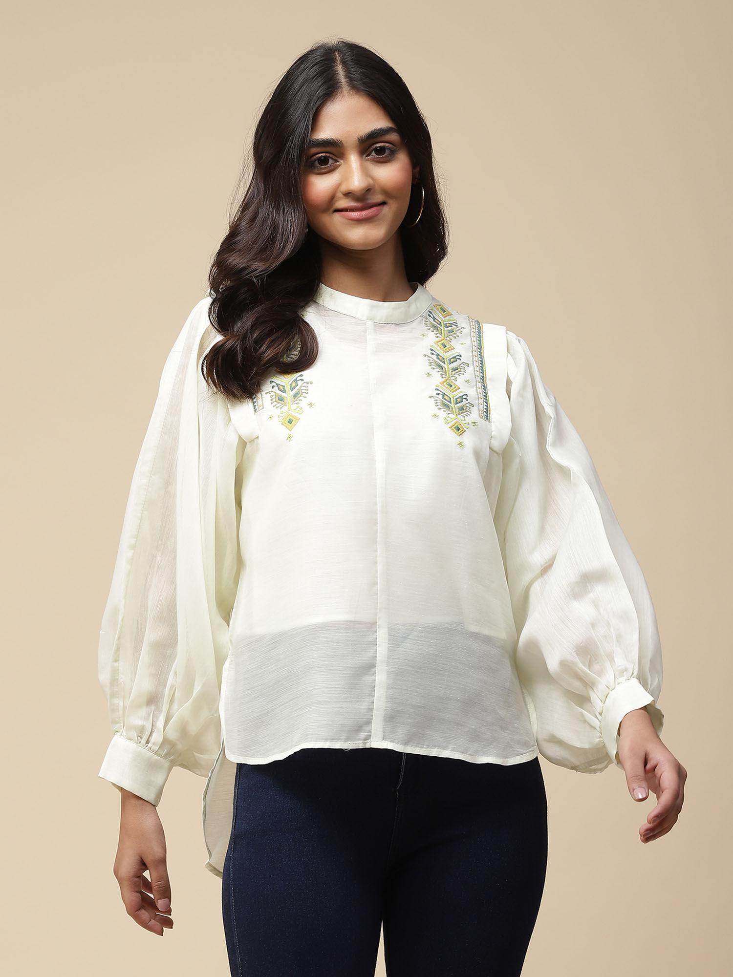 lemon yellow embroidered top with balloon sleeves