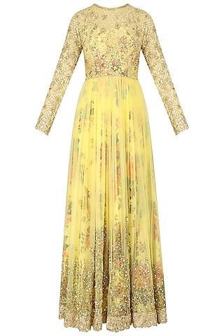 lemon yellow floral embroidered anarkali gown