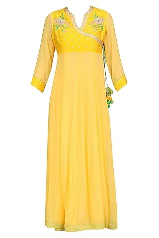 lemon yellow floral embroidered angrakha style tunic