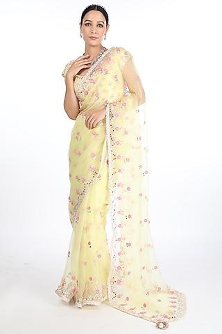 lemon yellow floral embroidered saree set
