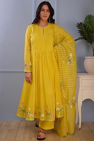 lemon yellow foil printed anarkali set