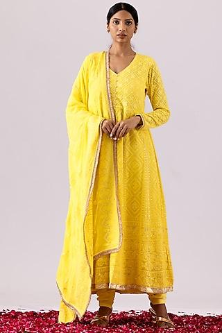 lemon yellow georgette chikankari anarkali set