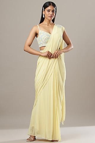 lemon yellow georgette sequins & pearl embroidered draped saree set