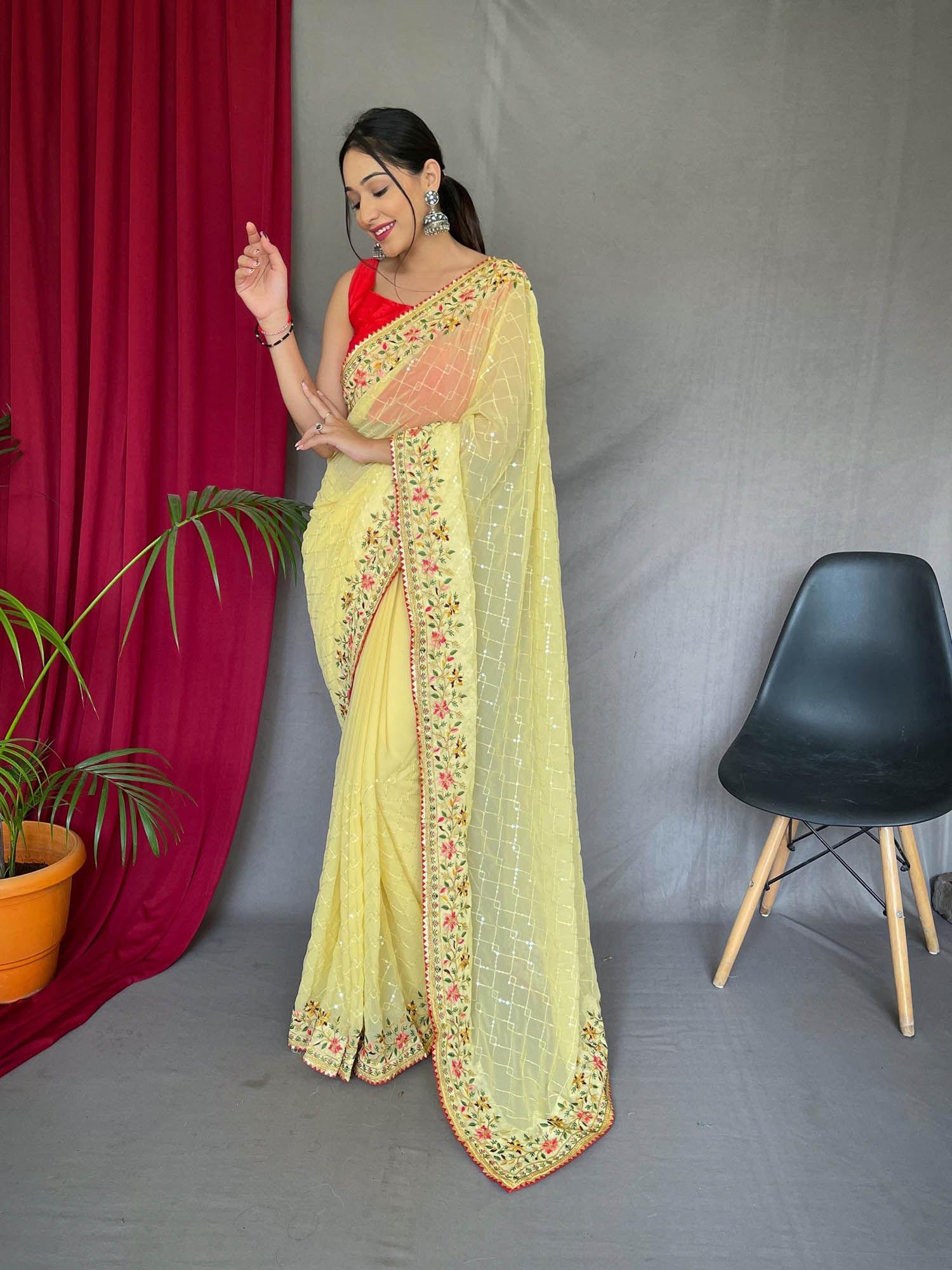 lemon yellow georgette sequins designer embroidered border saree without blouse