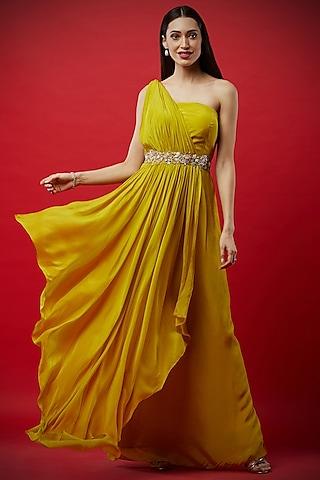 lemon yellow gown with embroidered belt