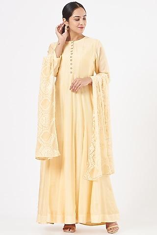 lemon yellow hand embroidered anarkali set