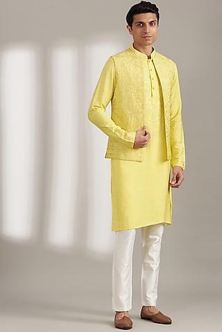 lemon yellow handloom silk printed bundi set for boys