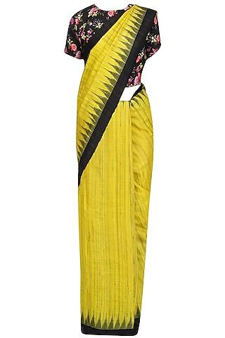 lemon yellow ikat print saree and floral blouse set