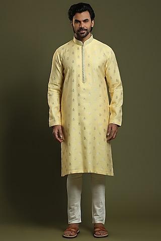 lemon yellow jacquard silk kurta set