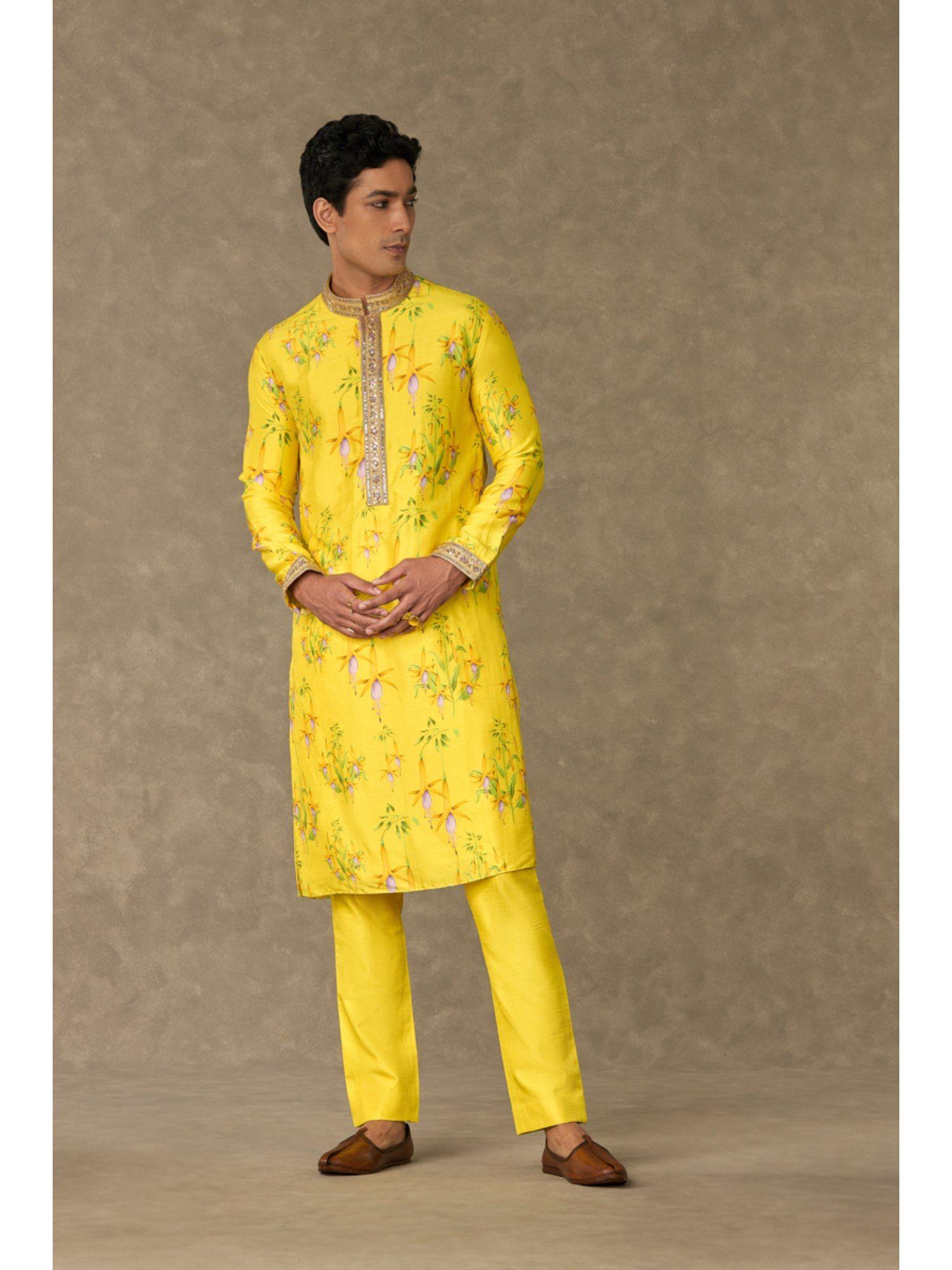 lemon yellow juhi floral kurta with pant (set of 2)