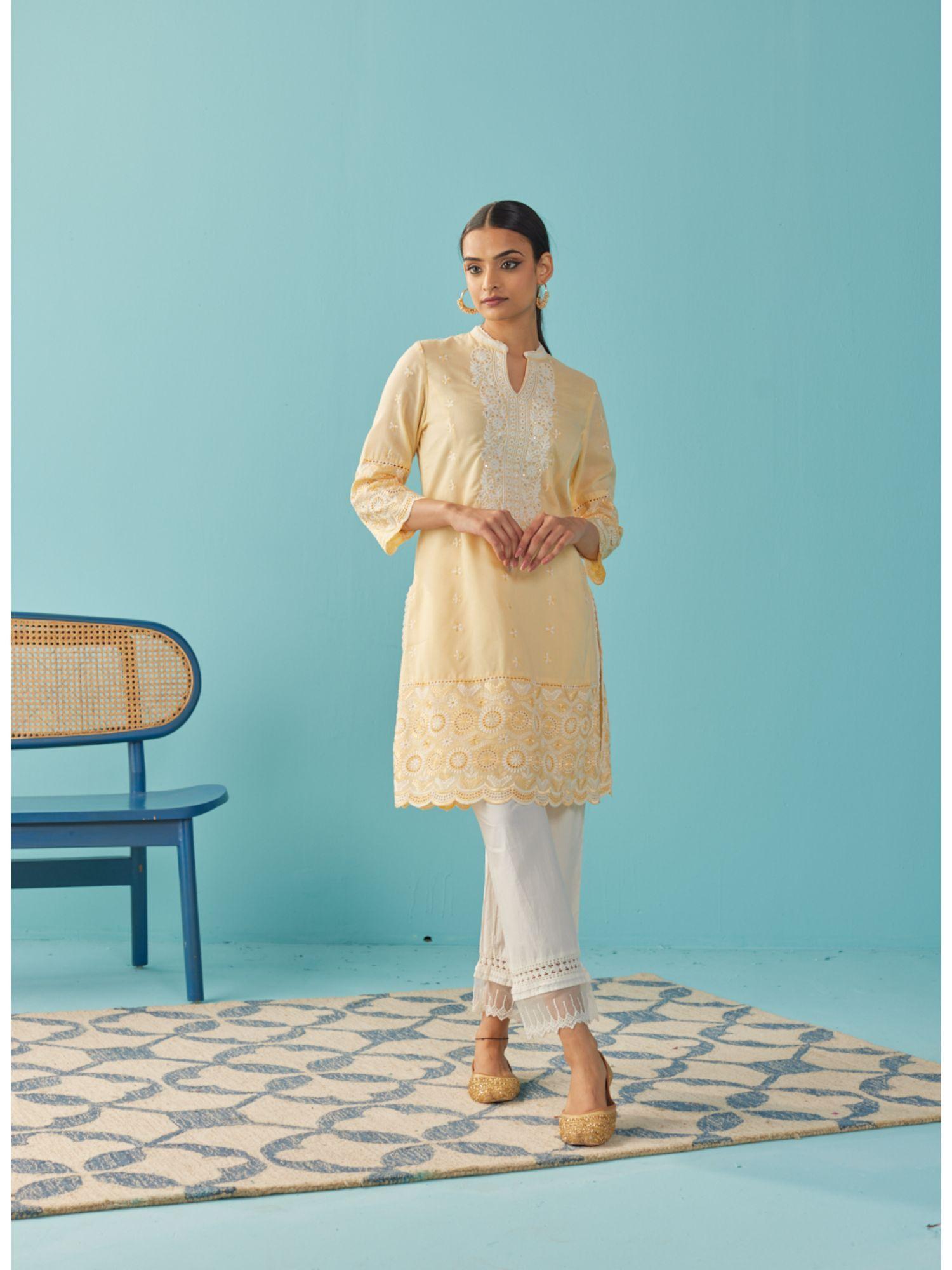 lemon yellow knee length kurti with embroidered sleeve