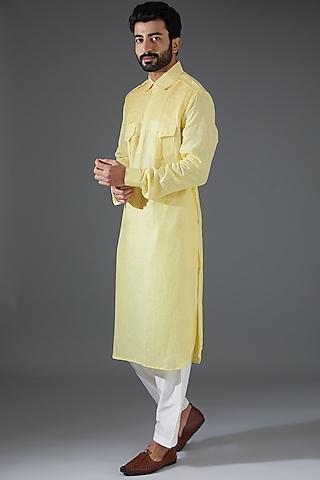 lemon yellow linen pathani kurta set