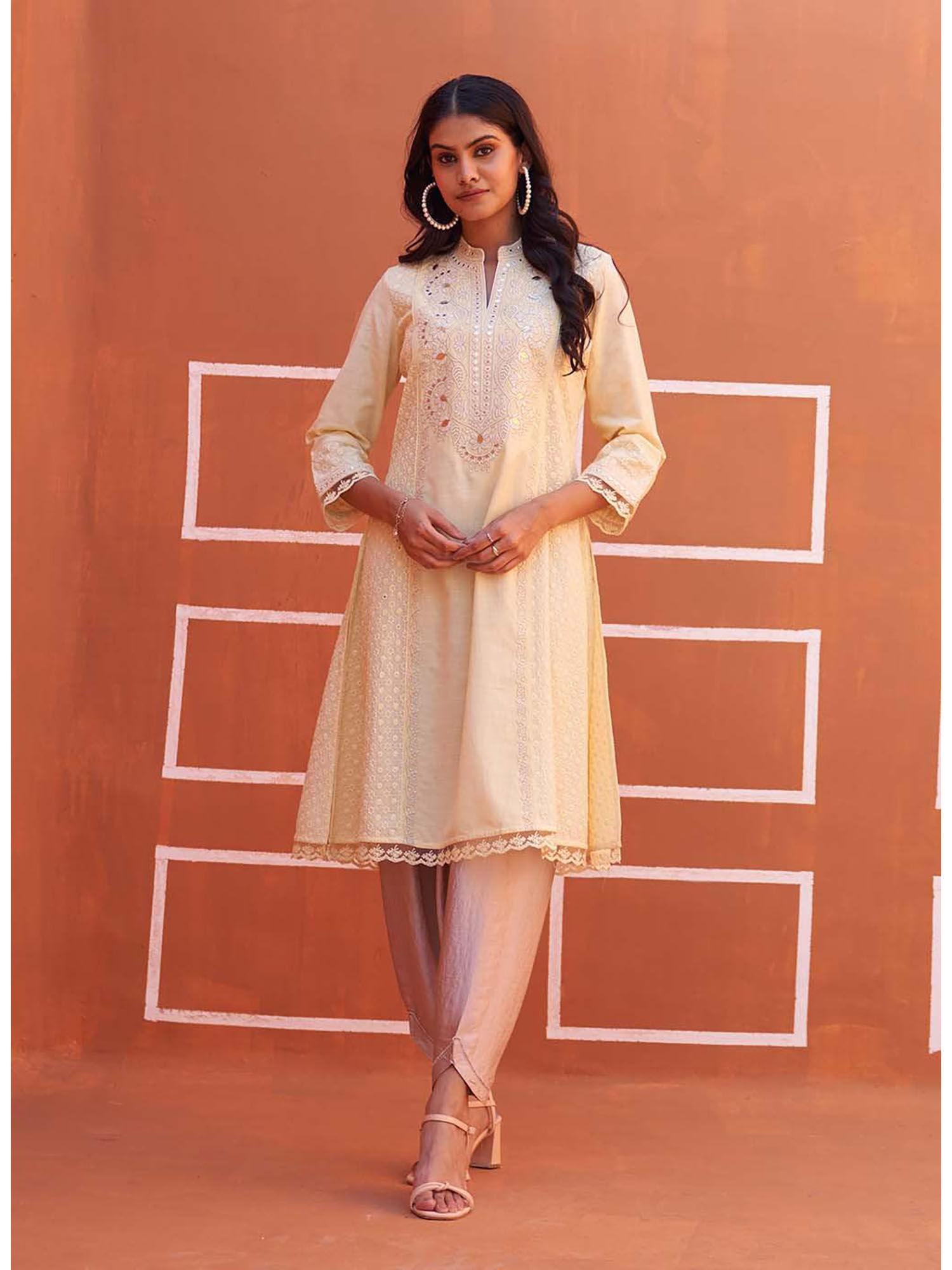 lemon yellow mirror work schiffli kurta