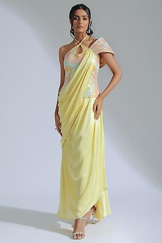 lemon yellow modal satin draped maxi dress with bodice
