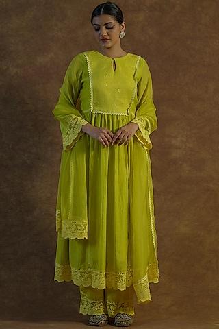 lemon yellow mul chanderi silk embroidered anarkali set