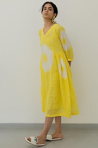 lemon yellow mulmul bandhej dress