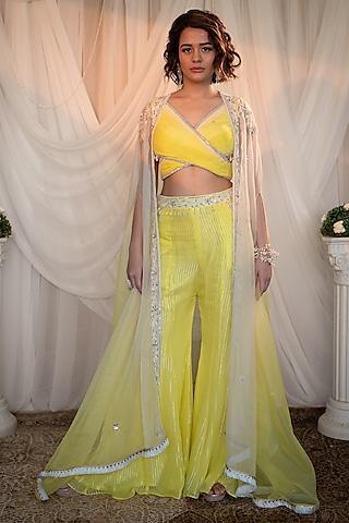 lemon yellow organza embroidered cape set