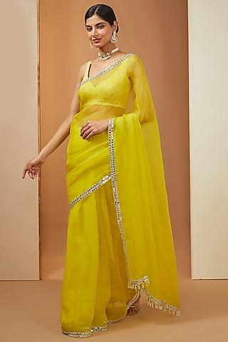 lemon yellow organza mirror embellished saree set