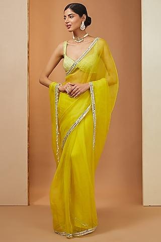 lemon yellow organza mirror gota embellished saree set