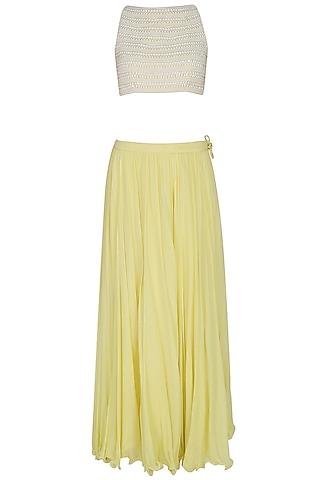 lemon yellow pleated skirt with pearl embellished crop top blouse set