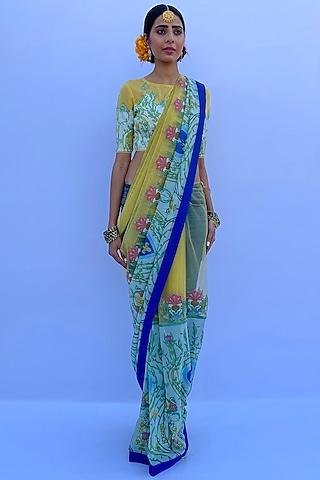 lemon yellow poly georgette & net digital printed saree set