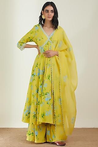 lemon yellow printed anarkali set