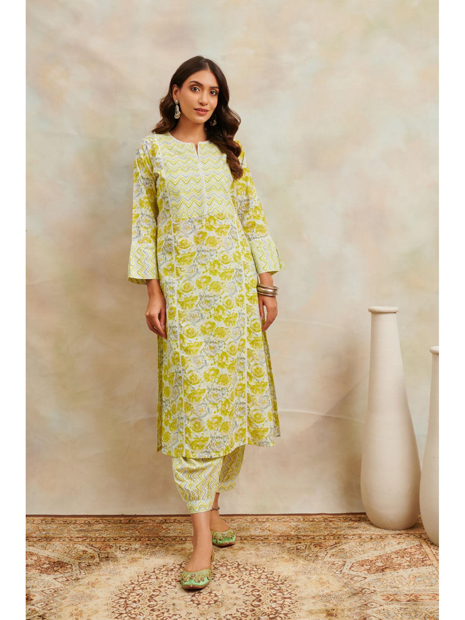 lemon yellow printed straight kurta