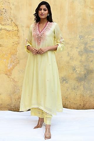 lemon yellow pure handwoven banarasi & bemberg embroidered kurta set