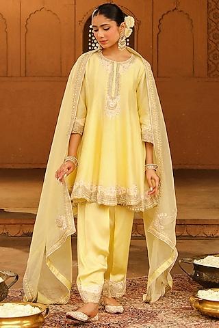 lemon yellow pure silk chanderi kashmiri tilla embroidered short kalidar kurta set