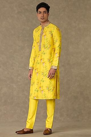 lemon yellow raw silk printed kurta set