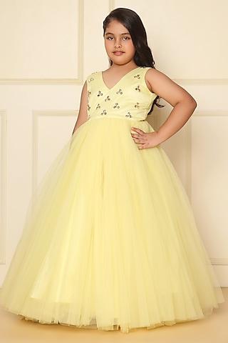 lemon yellow satin crystal floral gathered gown
