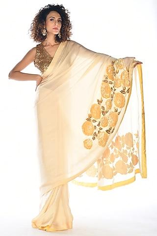 lemon yellow satin georgette sequins hand embroidered saree set