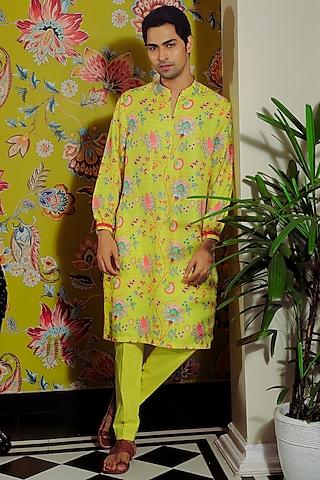 lemon yellow silk & stretch cotton printed kurta set