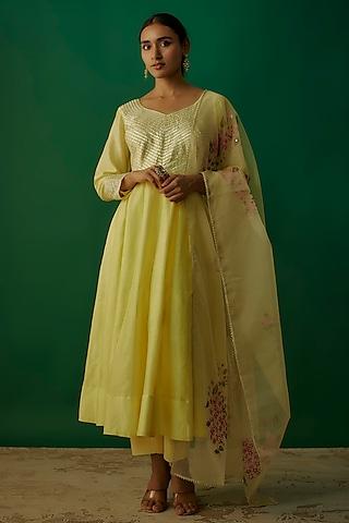 lemon yellow silk chanderi gota patti anarkali set