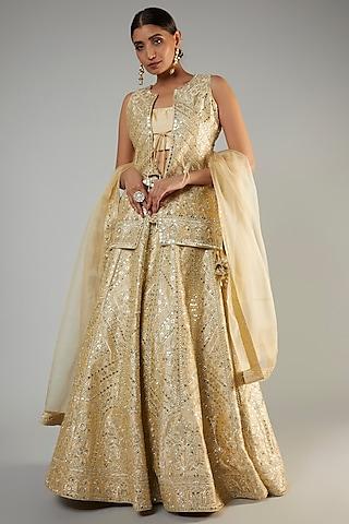 lemon yellow slub silk embroidered jacket lehenga set