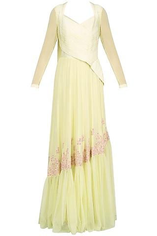 lemon yellow thread embroidery asymmetrical anarkali set