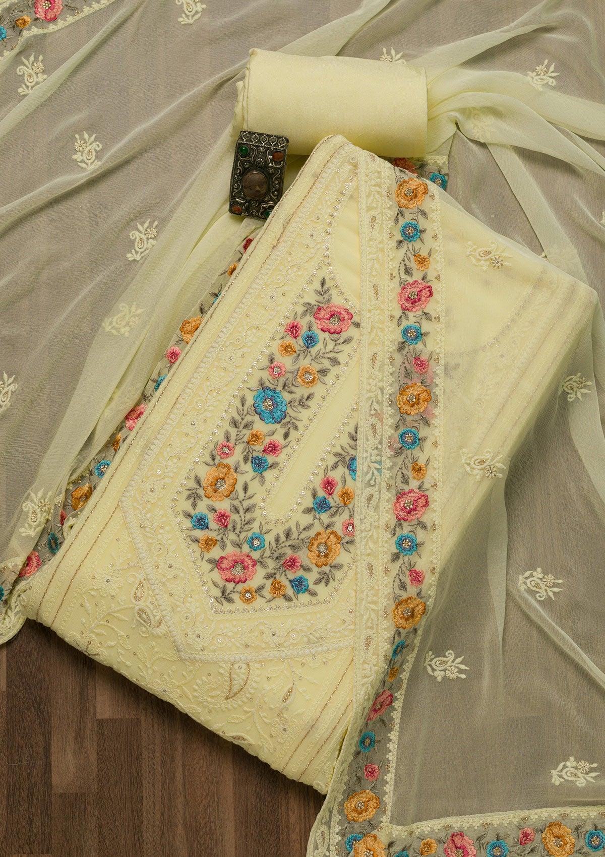 lemon yellow threadwork georgette unstitched salwar suit