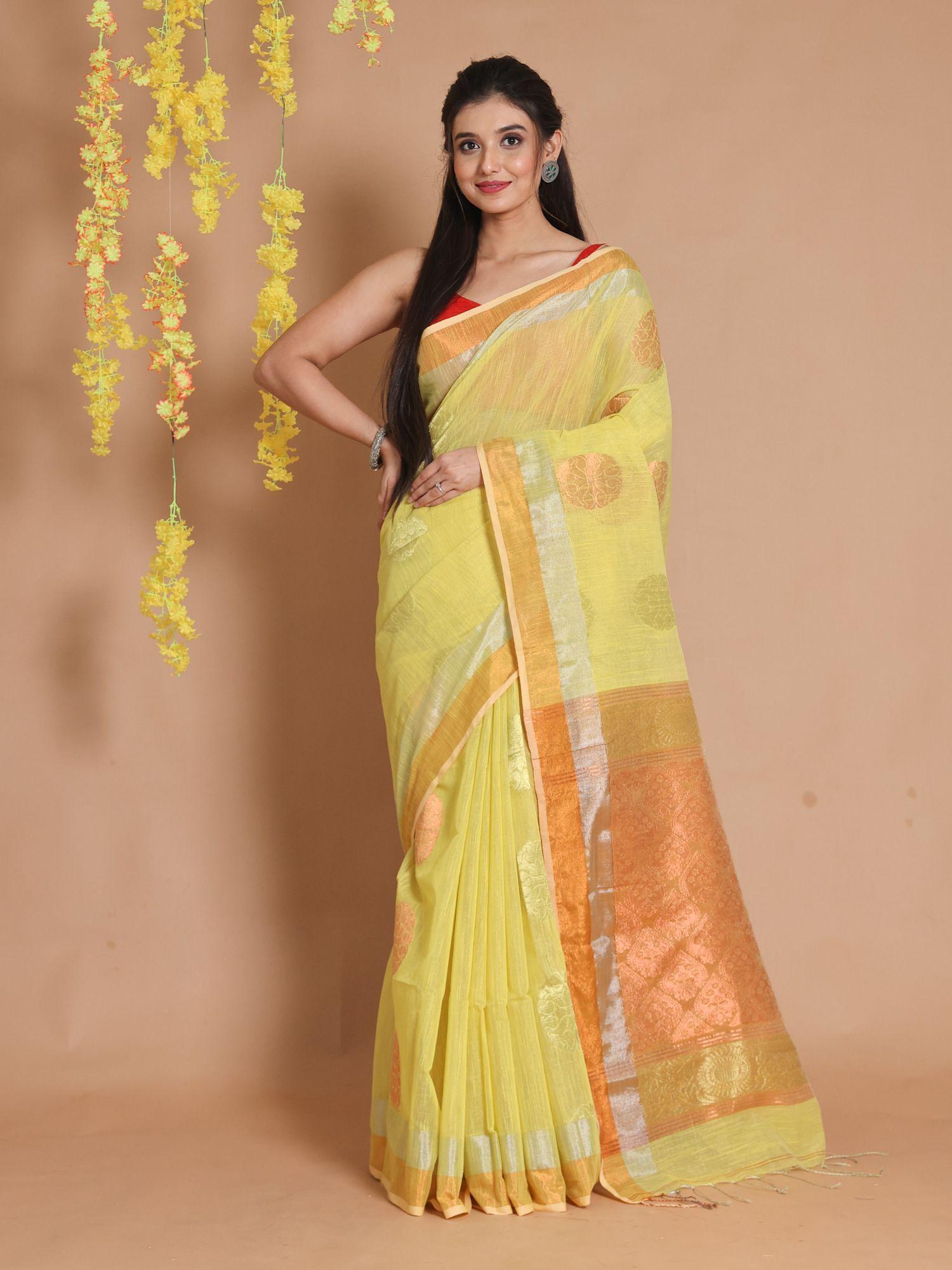 lemon yellow tissue handwoven motifs & zari pallu saree with unstitched blouse