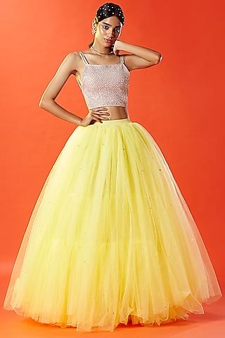 lemon yellow tulle hand embroidered lehenga