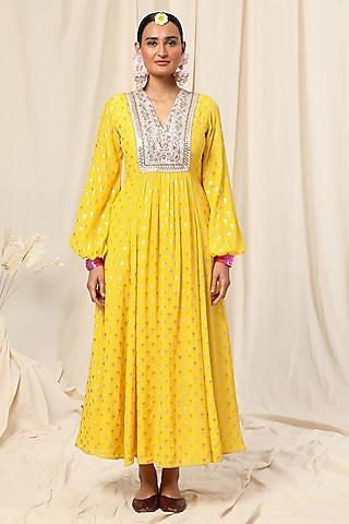 lemon yellow vintage bud printed maxi dress