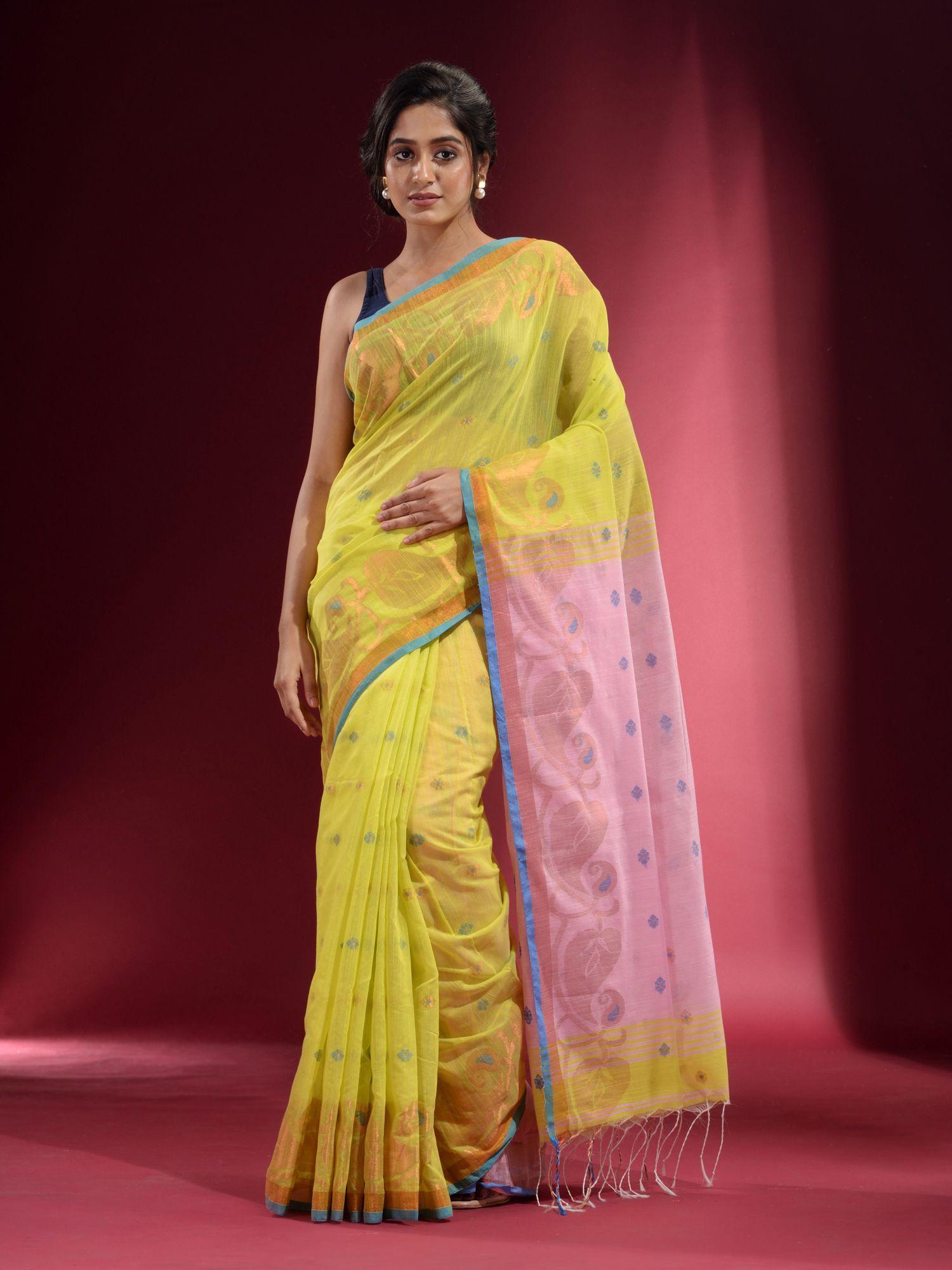 lemon yellow with zari paisley and floral design saree with unstitched blouse