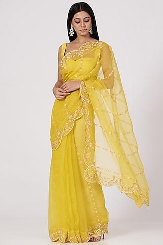 lemon yellow zardosi embroidered saree set