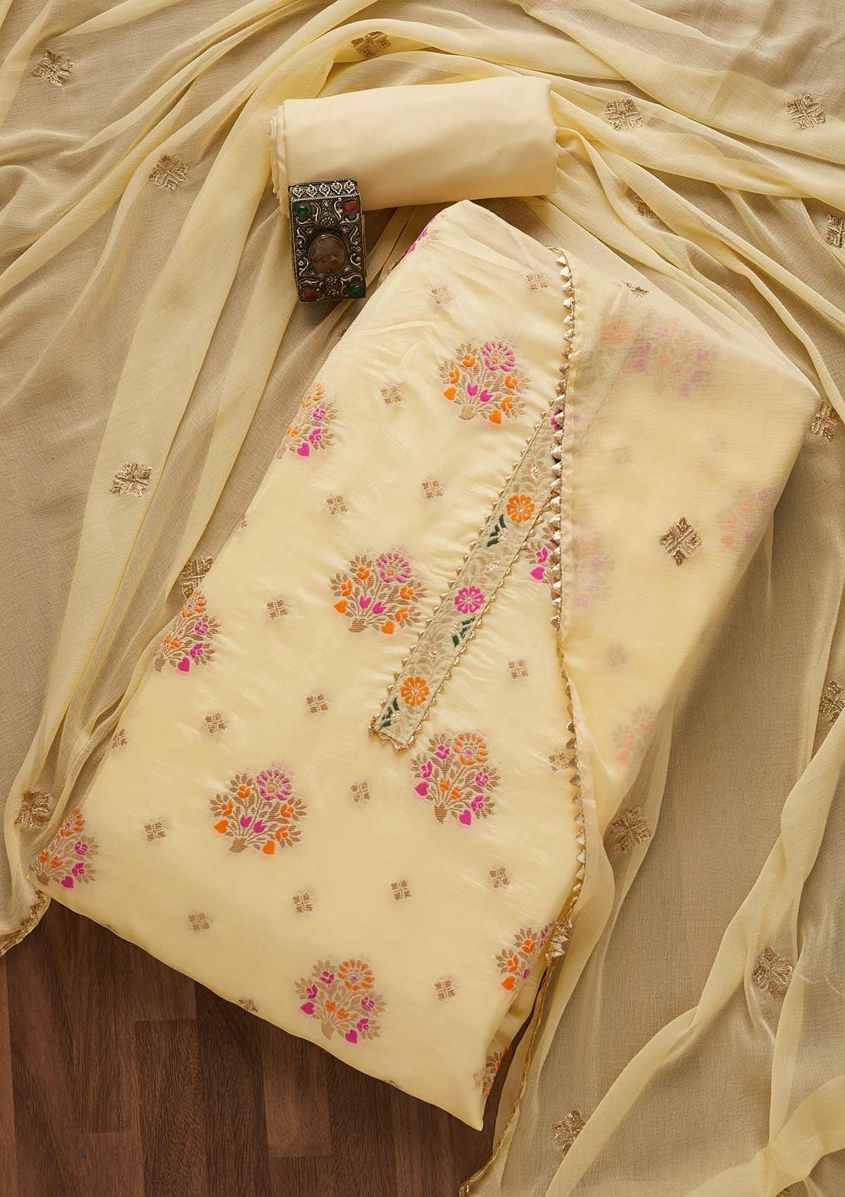 lemon yellow zariwork brocade unstitched salwar suit