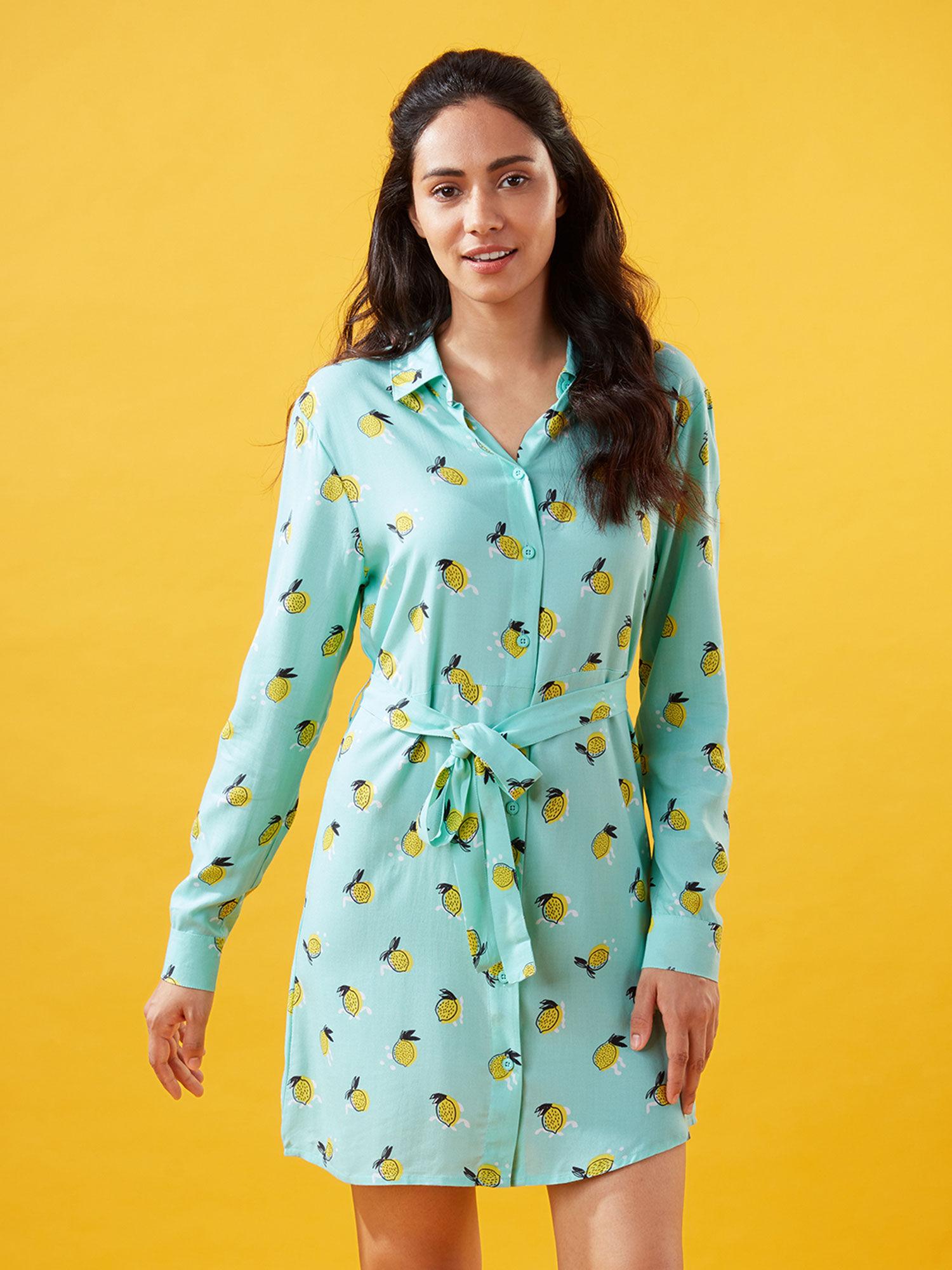 lemonade pattern graphic printed green shirt dresses