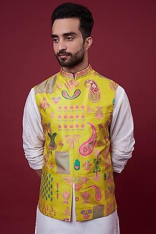 lemonade yellow dupion digital printed bundi jacket