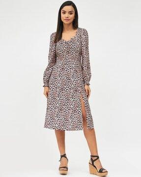 leopard print a-line dress with side slit