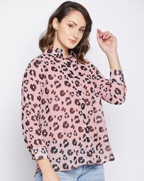 leopard print shirt with spread collar