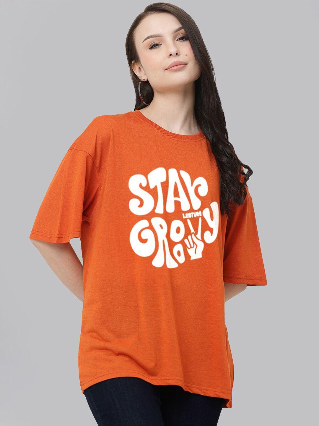 leotude women orange typography printed pockets t-shirt