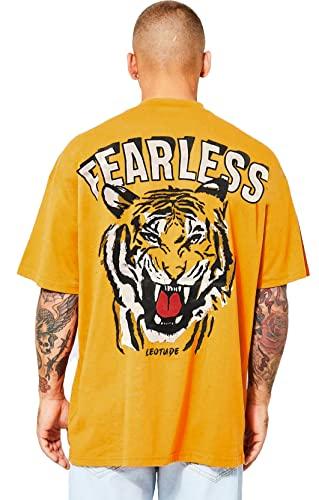 leotude cotton blend half sleeve back print oversized t-shirts for men (color: mustard, size: 3xl)