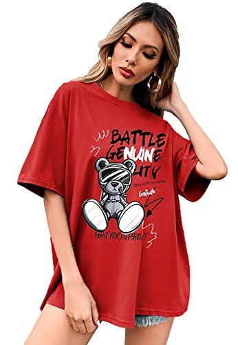 leotude cotton blend printed half sleeve oversized t-shirts for women (color: red, size: m)